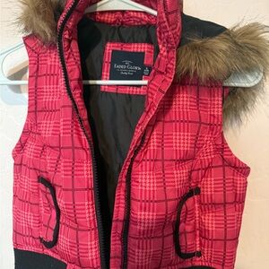 Faded Glory Pink Plaid Vest with Faux Fur Hood